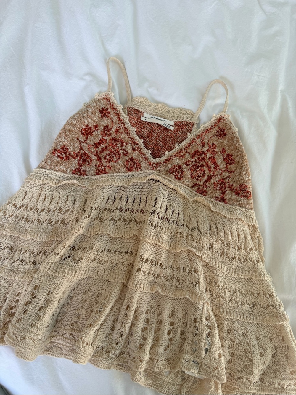 Anthropologie Crochet Tiered Camisole with Rust Floral Bodice